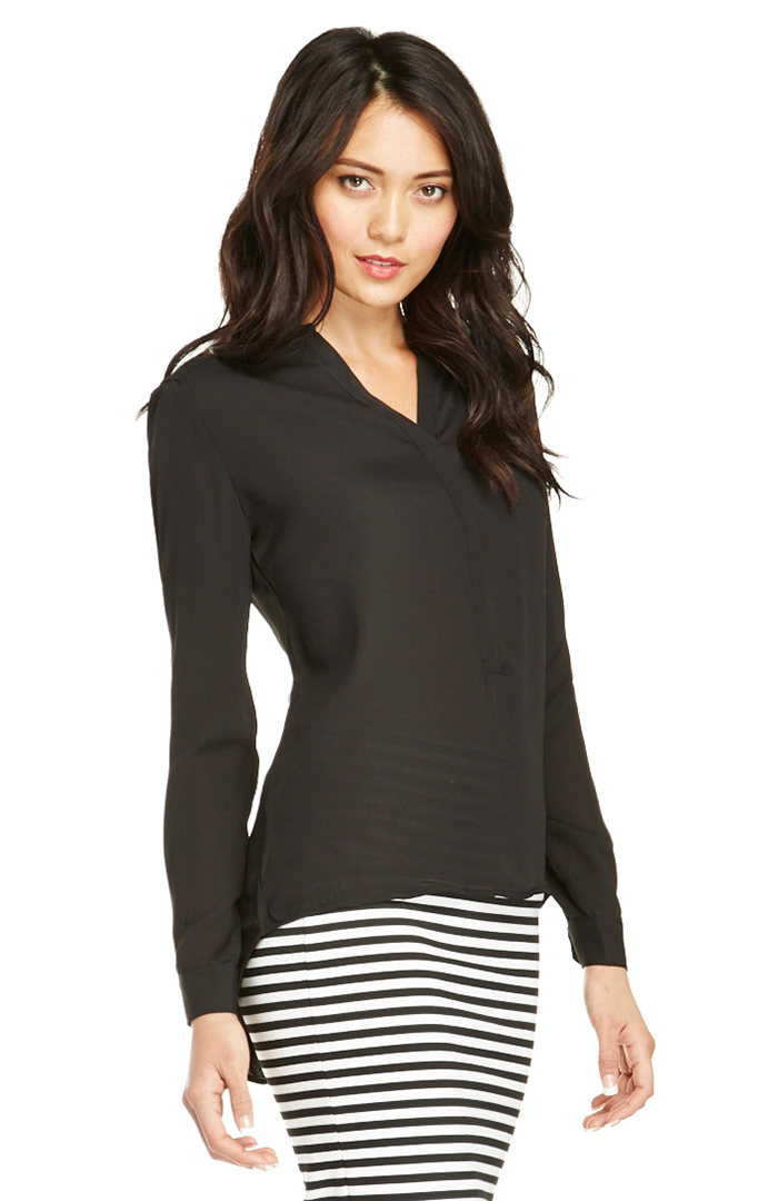 black collarless blouse