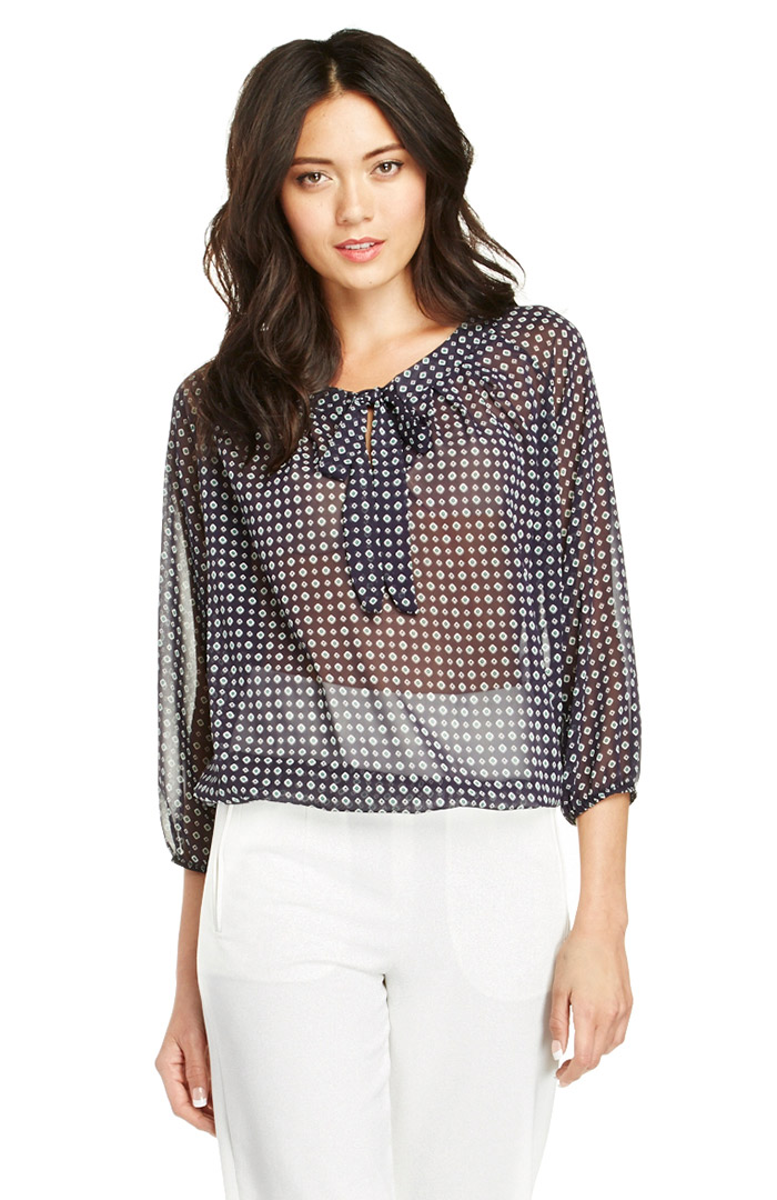 Sheer Printed Neck Tie Blouse in Navy DAILYLOOK