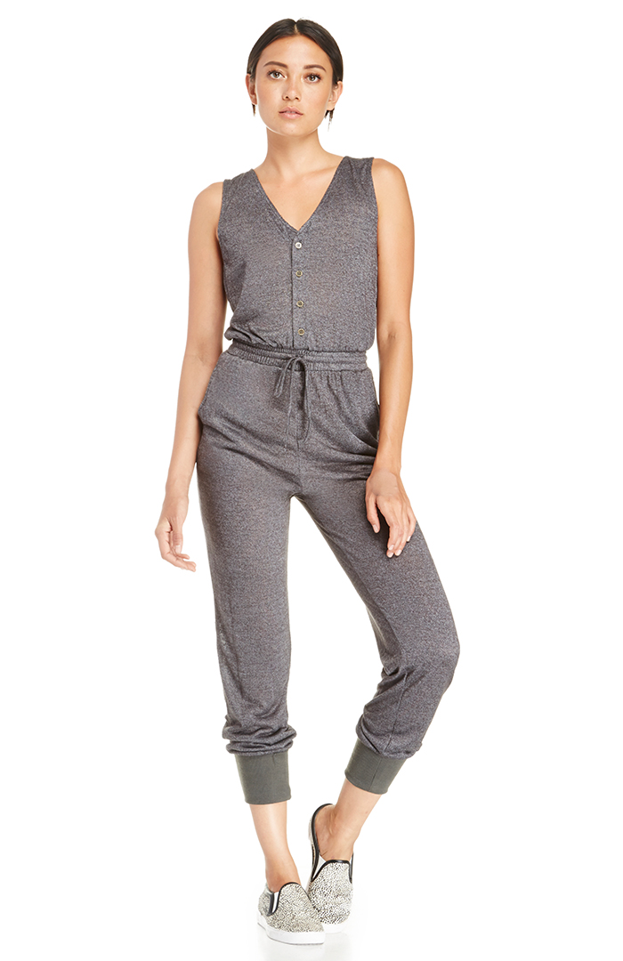Button Top Knit Jumpsuit in Charcoal DAILYLOOK
