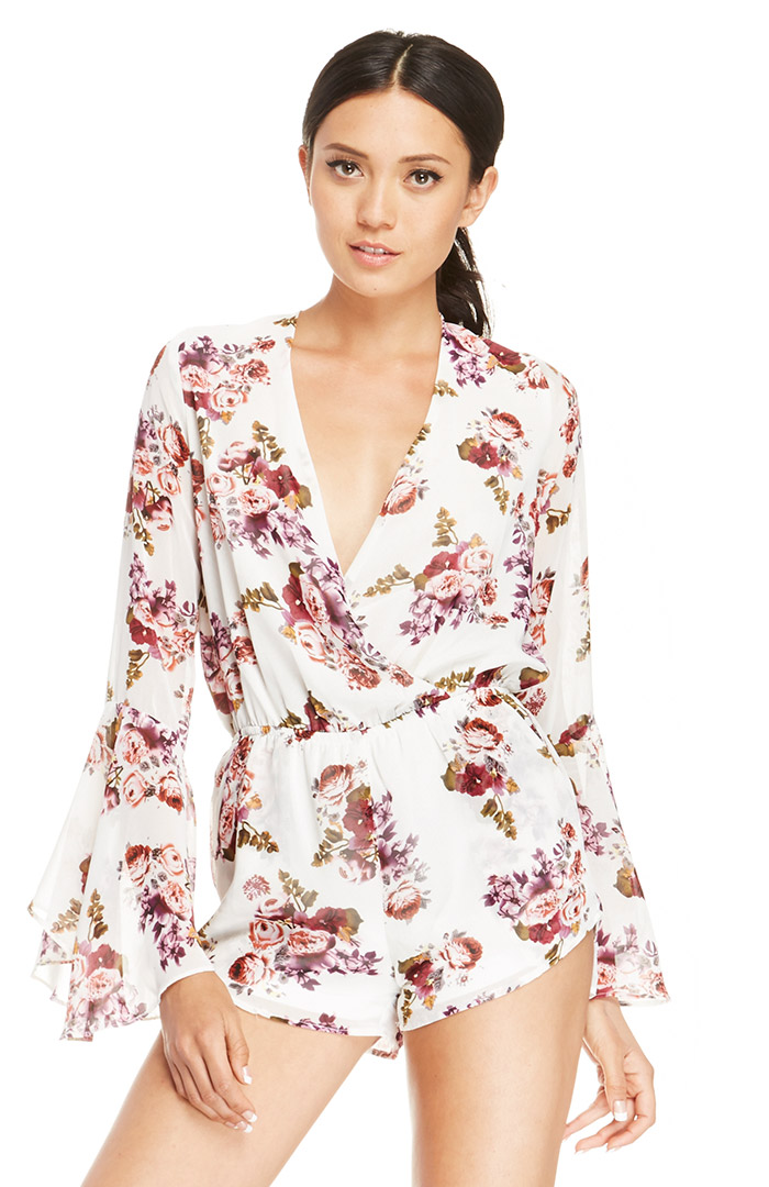 Floral Bell Sleeve Romper in White DAILYLOOK