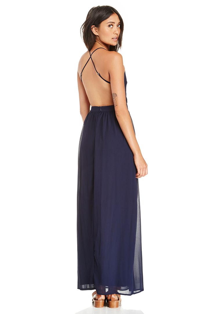 navy backless maxi dress