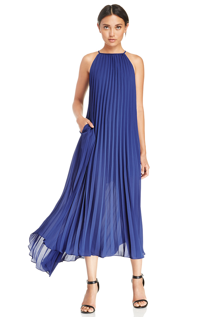 Line & Dot Pleated Maxi Dress in Royal Blue | DAILYLOOK