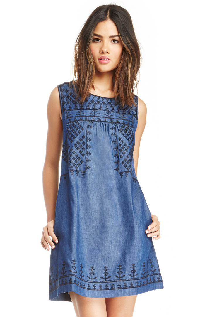 Sleeveless Embroidered Chambray Shift Dress in Blue DAILYLOOK