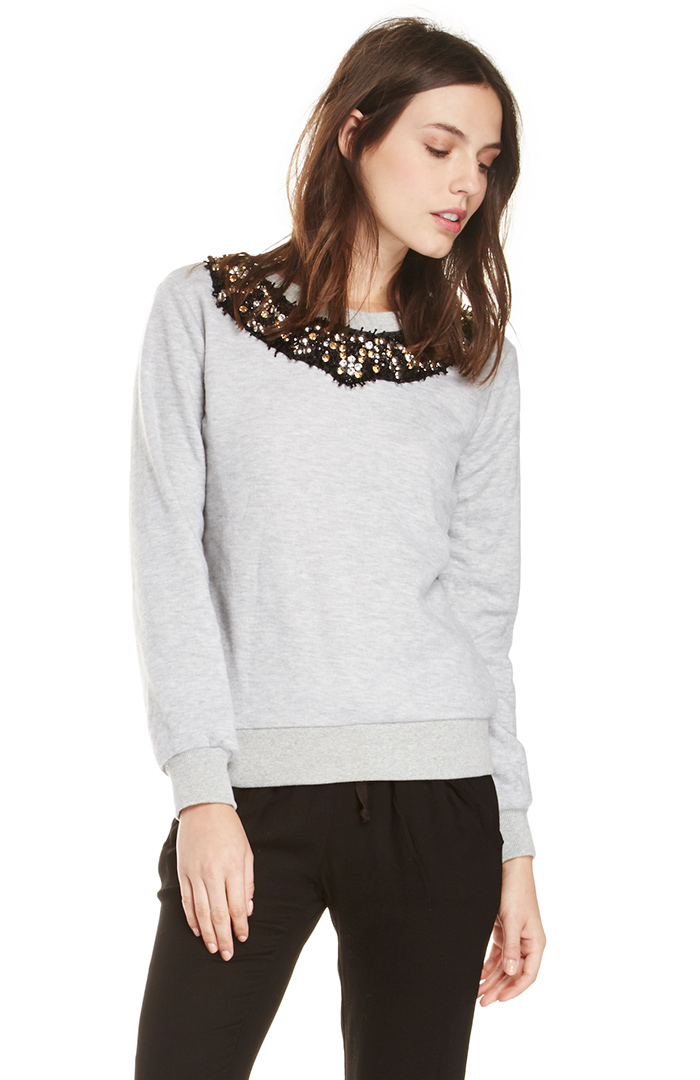 J.O.A. Embellished Necklace Sweatshirt in Grey | DAILYLOOK
