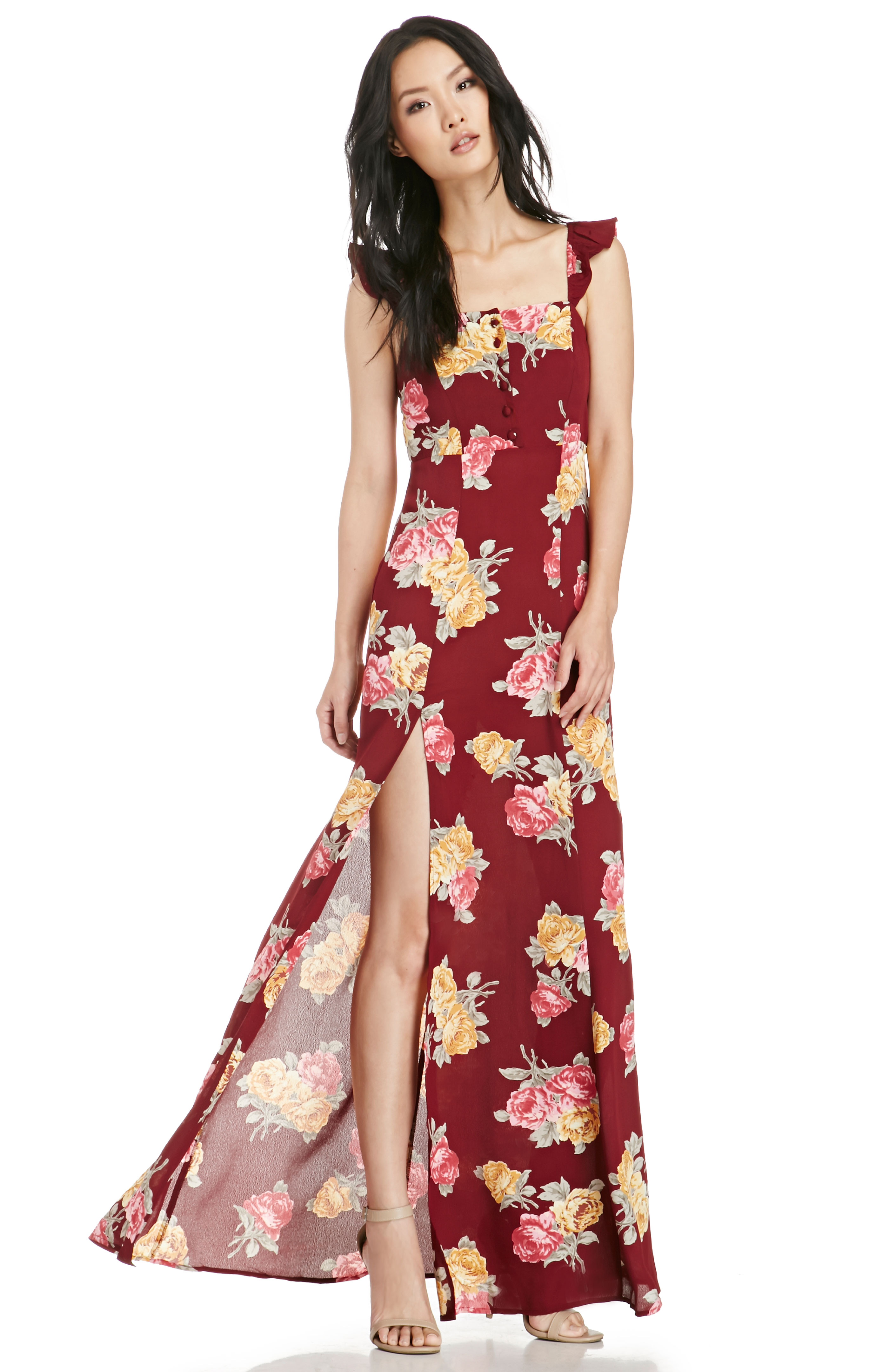 FLYNN SKYE Floral Bardot Maxi Dress in Burgundy | DAILYLOOK