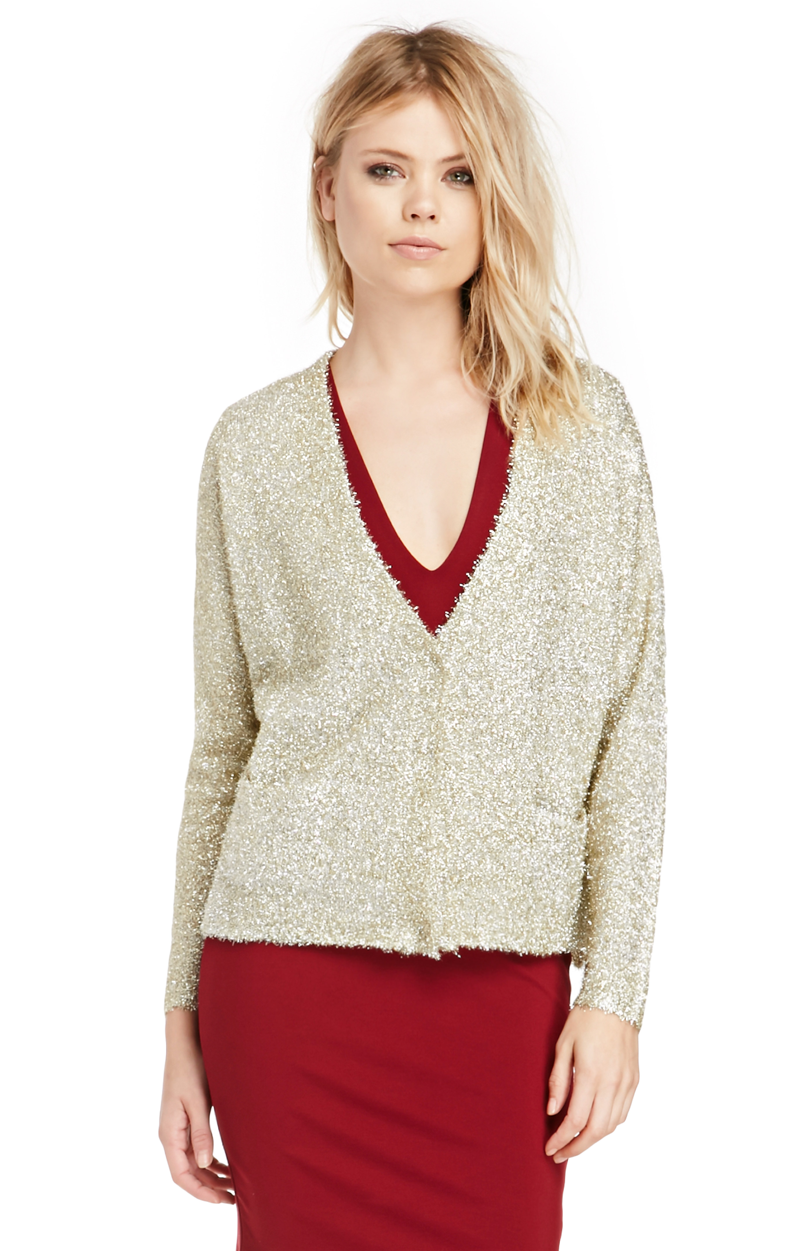 J.O.A. Metallic Tinsel Cardigan in Gold DAILYLOOK