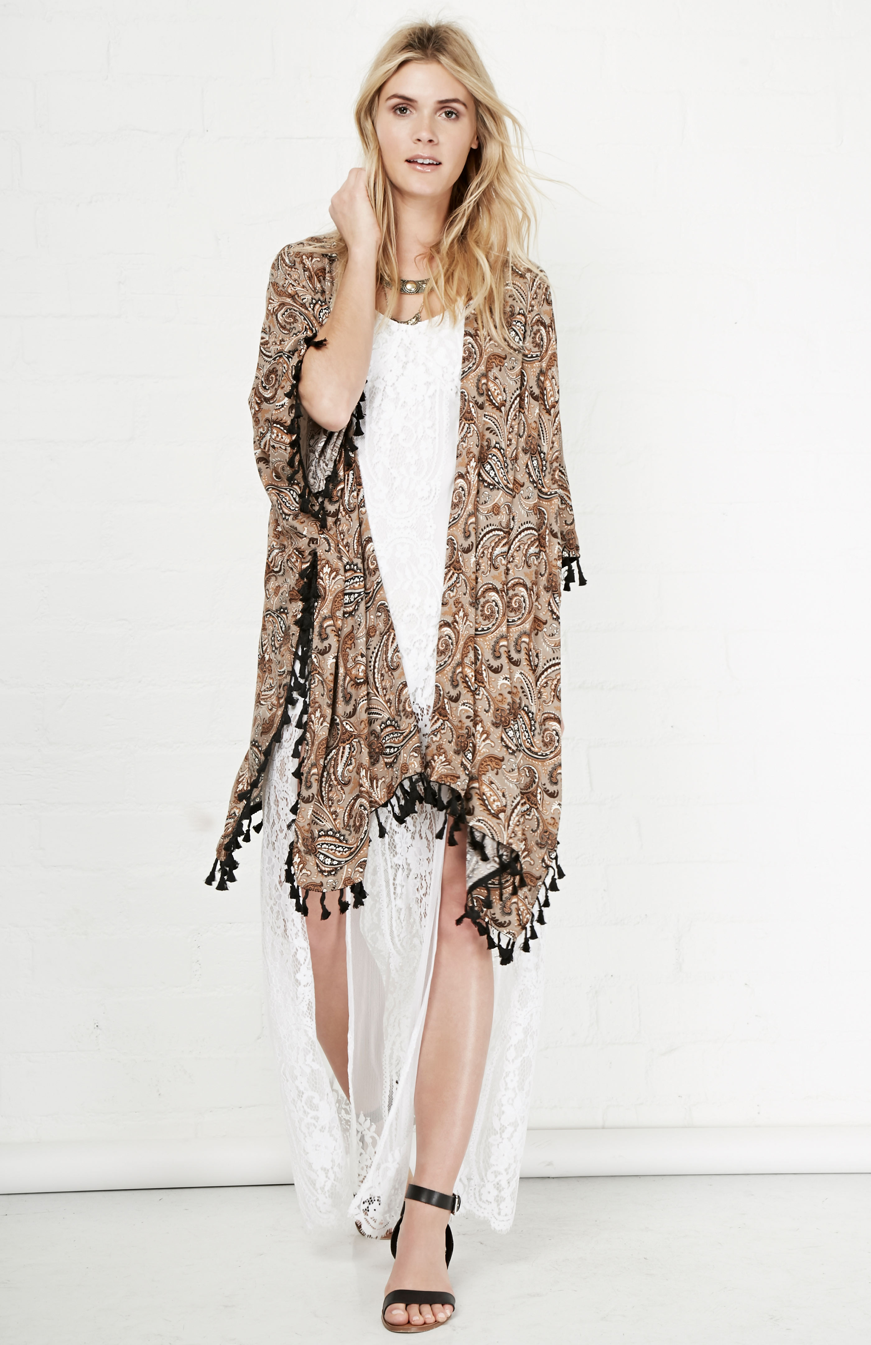 Glamorous Paisley Draped Tassel Kimono in Brown DAILYLOOK