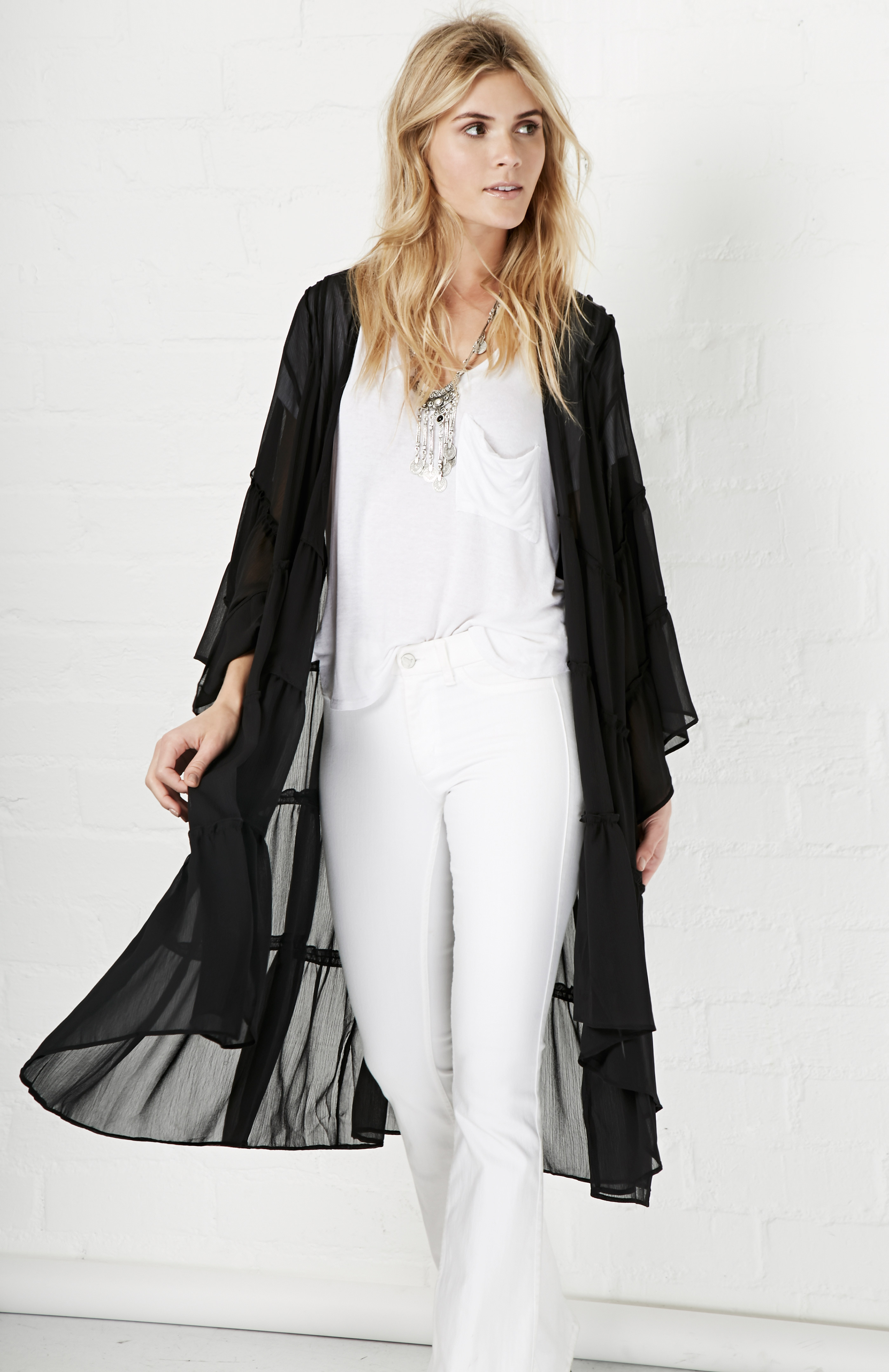 Glamorous Tiered Lace Kimono in Black DAILYLOOK