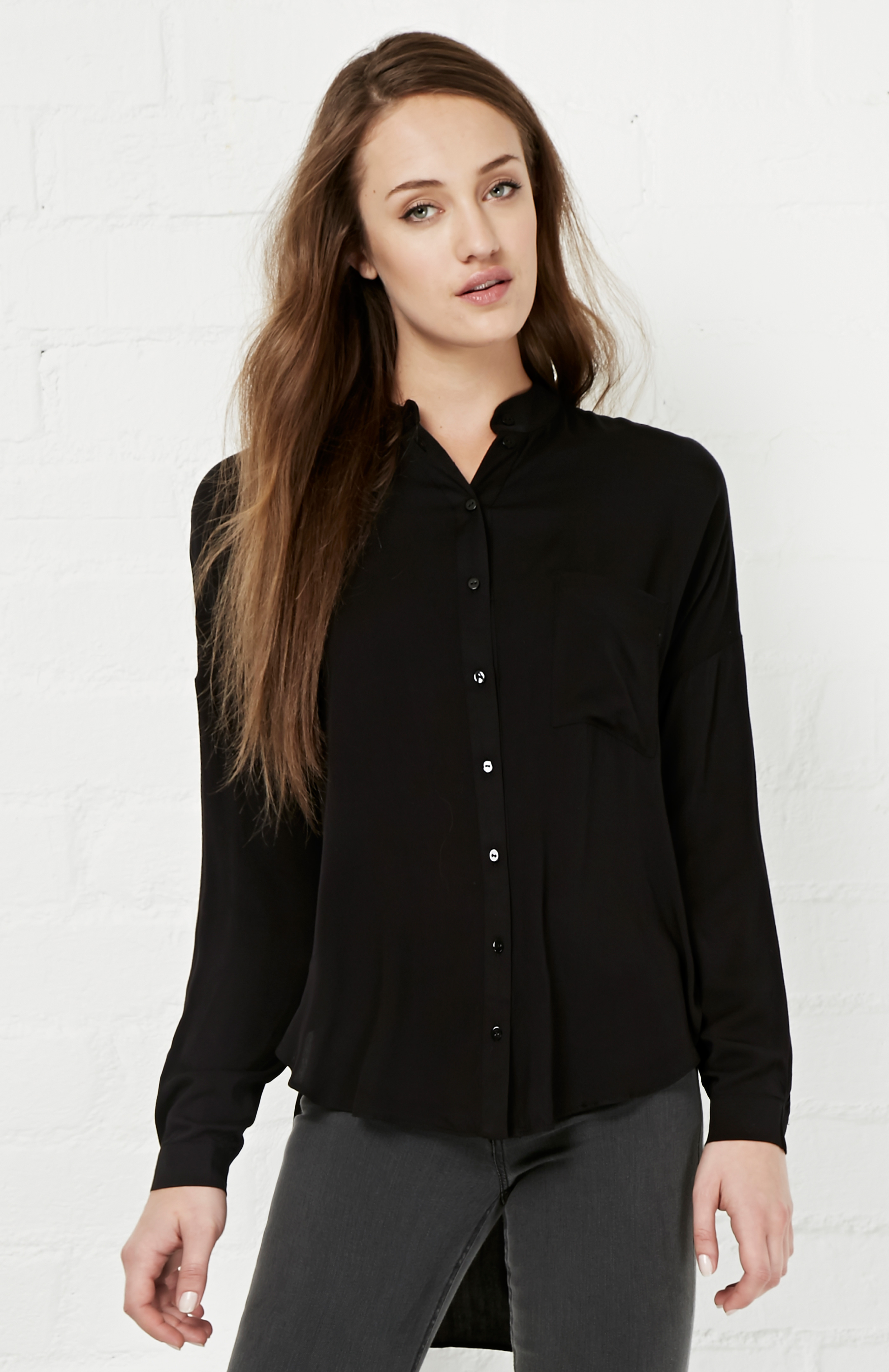 High Low Button Down Shirt in Black DAILYLOOK