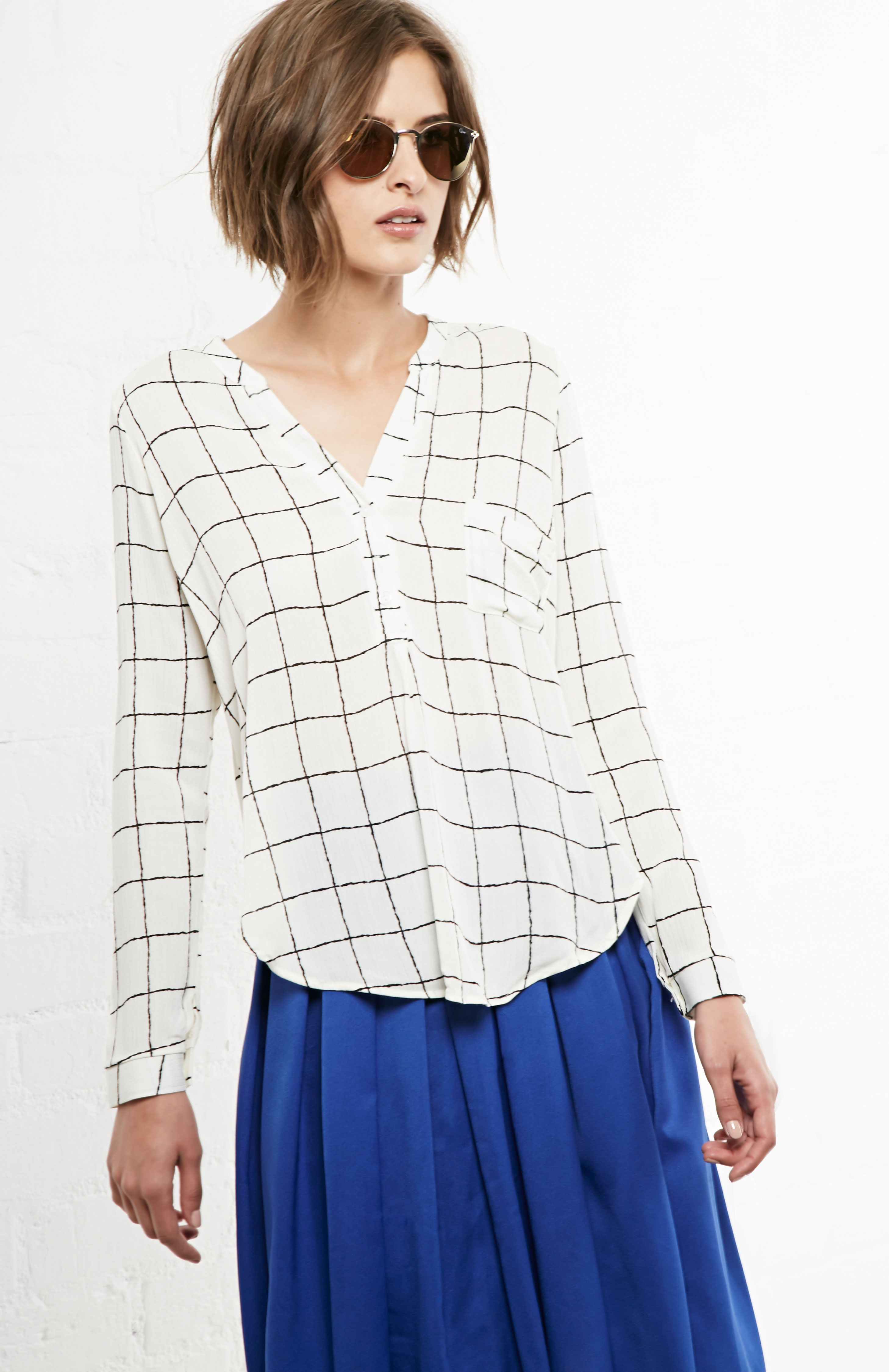 Marshall Matters Long Sleeve Grid Blouse in Cream | DAILYLOOK