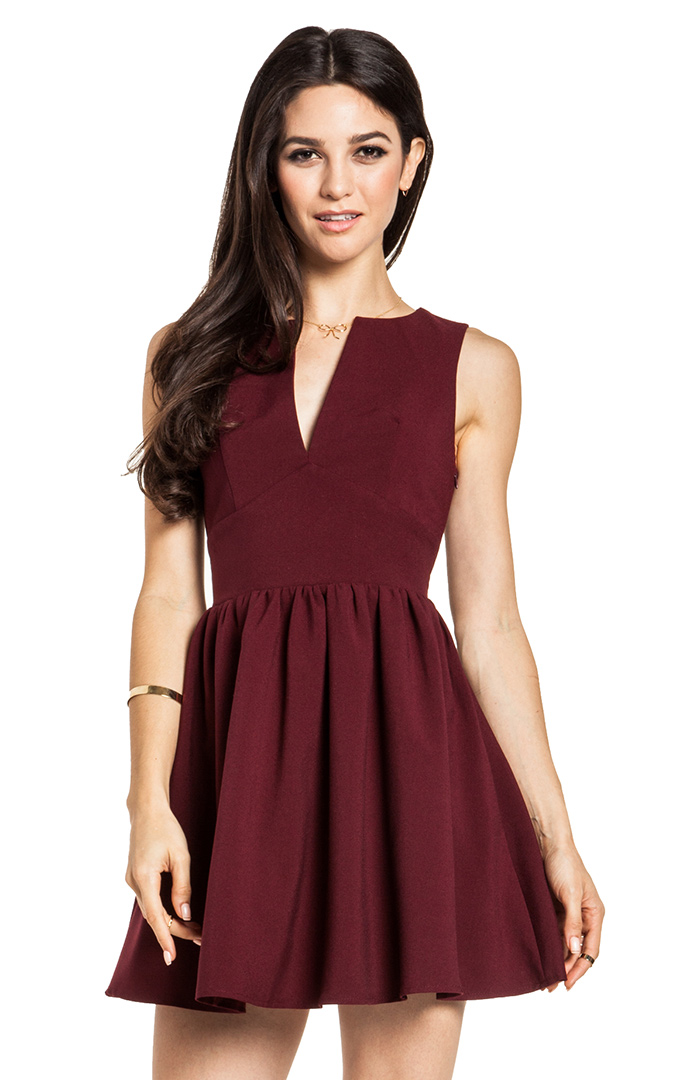 DAILYLOOK Plunging Fit and Flare Dress in Burgundy | DAILYLOOK