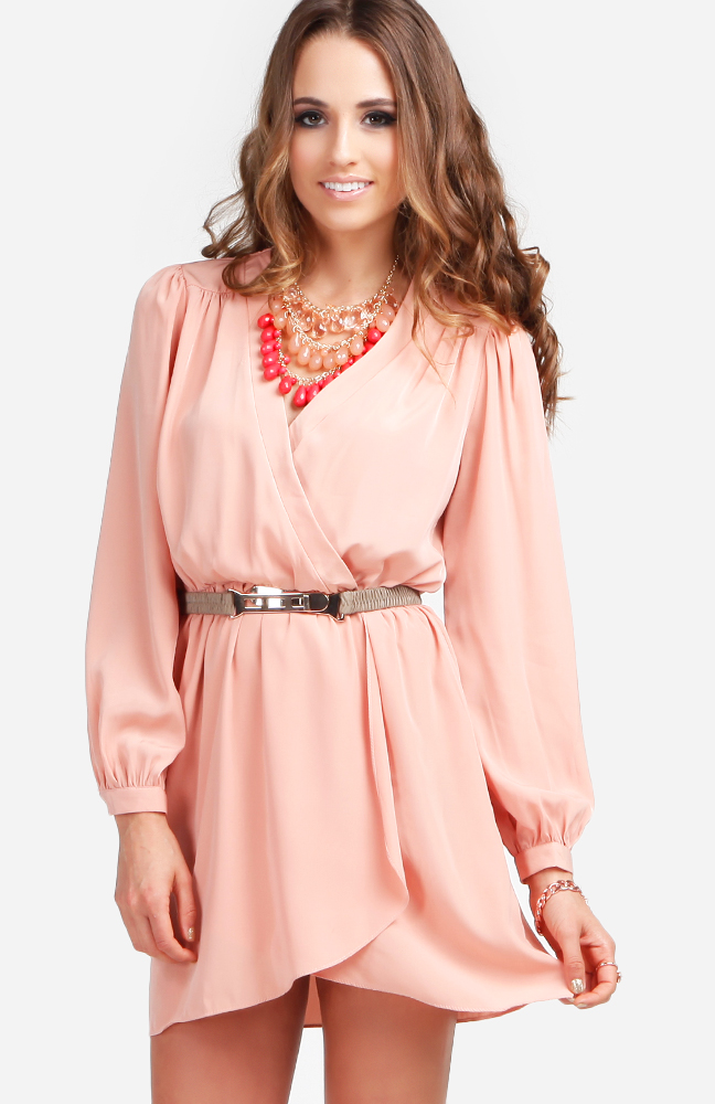 Dainty Faux Wrap Dress in Peach DAILYLOOK