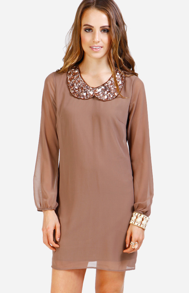 Elegant Collar Dress in Tan DAILYLOOK