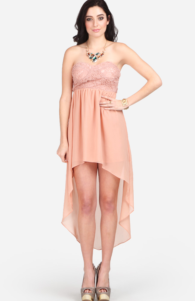 Rosette High Low Strapless Dress in Dusty Pink | DAILYLOOK
