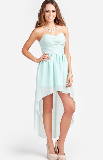 High Low Strapless Pleated Dress in Mint | DAILYLOOK