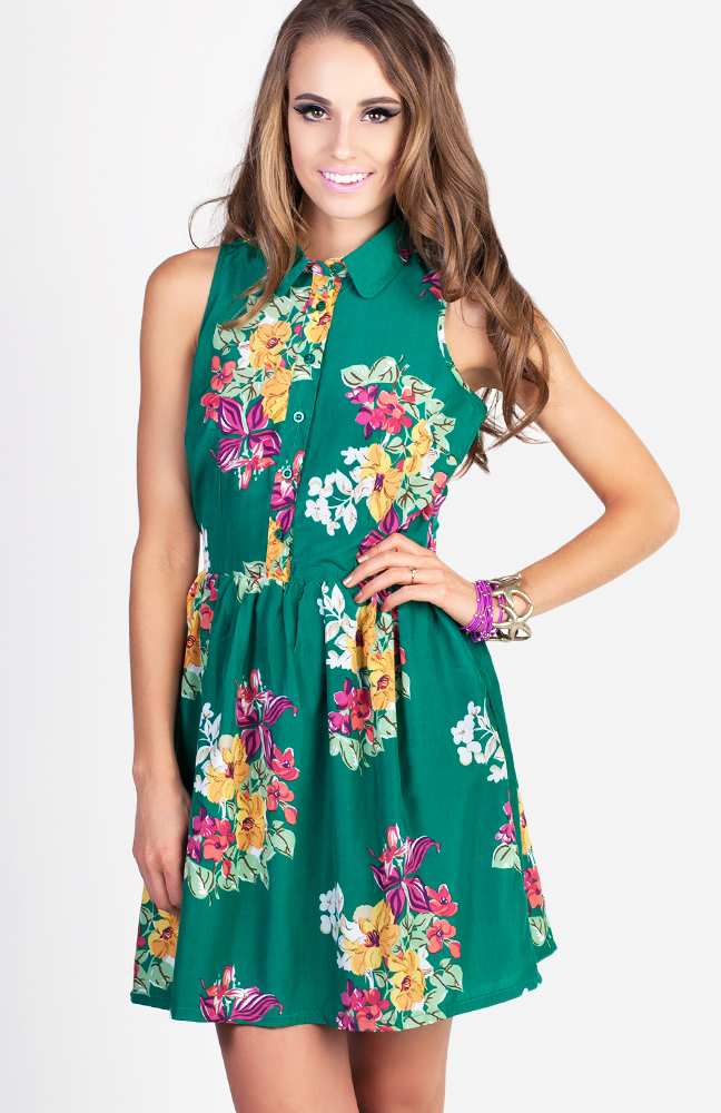 Floral Collared Vintage Dress in Green | DAILYLOOK