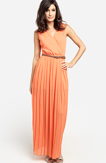 Pleated Maxi Dress in Coral | DAILYLOOK