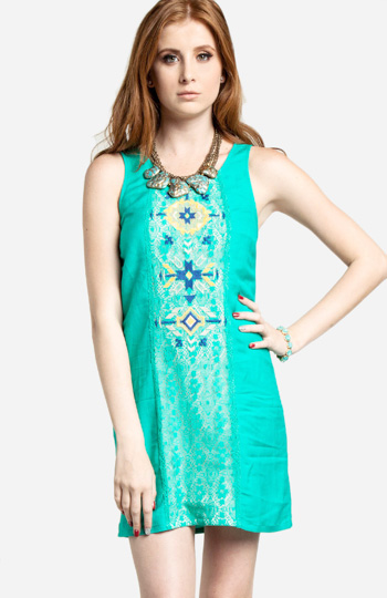 Embroidered Lace Shift Dress in Turquoise | DAILYLOOK