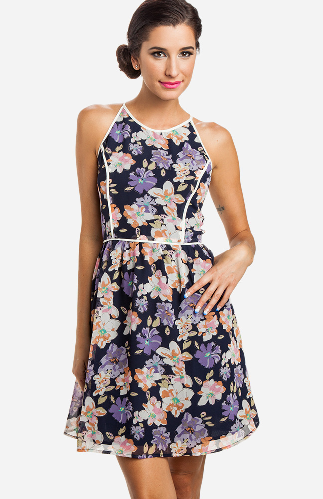 Floral Fit N Flare Dress in Navy | DAILYLOOK