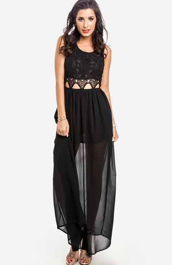 Sheer Lace Top Maxi Dress in Black | DAILYLOOK