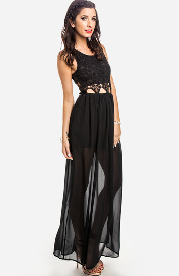 Sheer Lace Top Maxi Dress in Black | DAILYLOOK