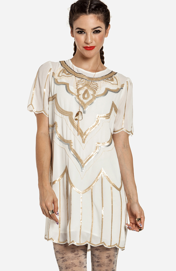 Metallic Sequin Shift Dress in Ivory | DAILYLOOK