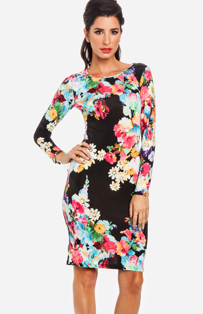 Fall's Floral Midi Dress in Black | DAILYLOOK