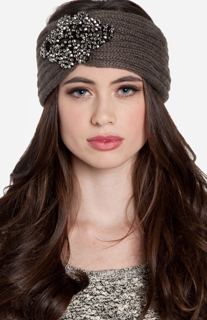Beaded Flower Knit Headband in Grey | DAILYLOOK