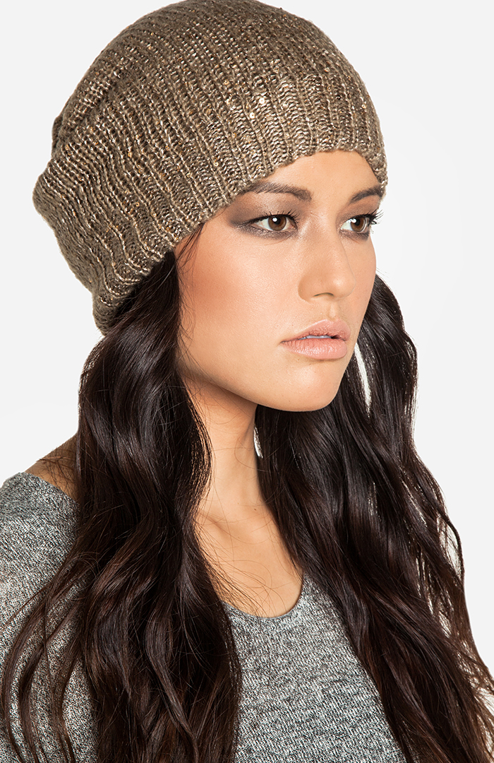 Oversized Sequin Beanie in Tan DAILYLOOK