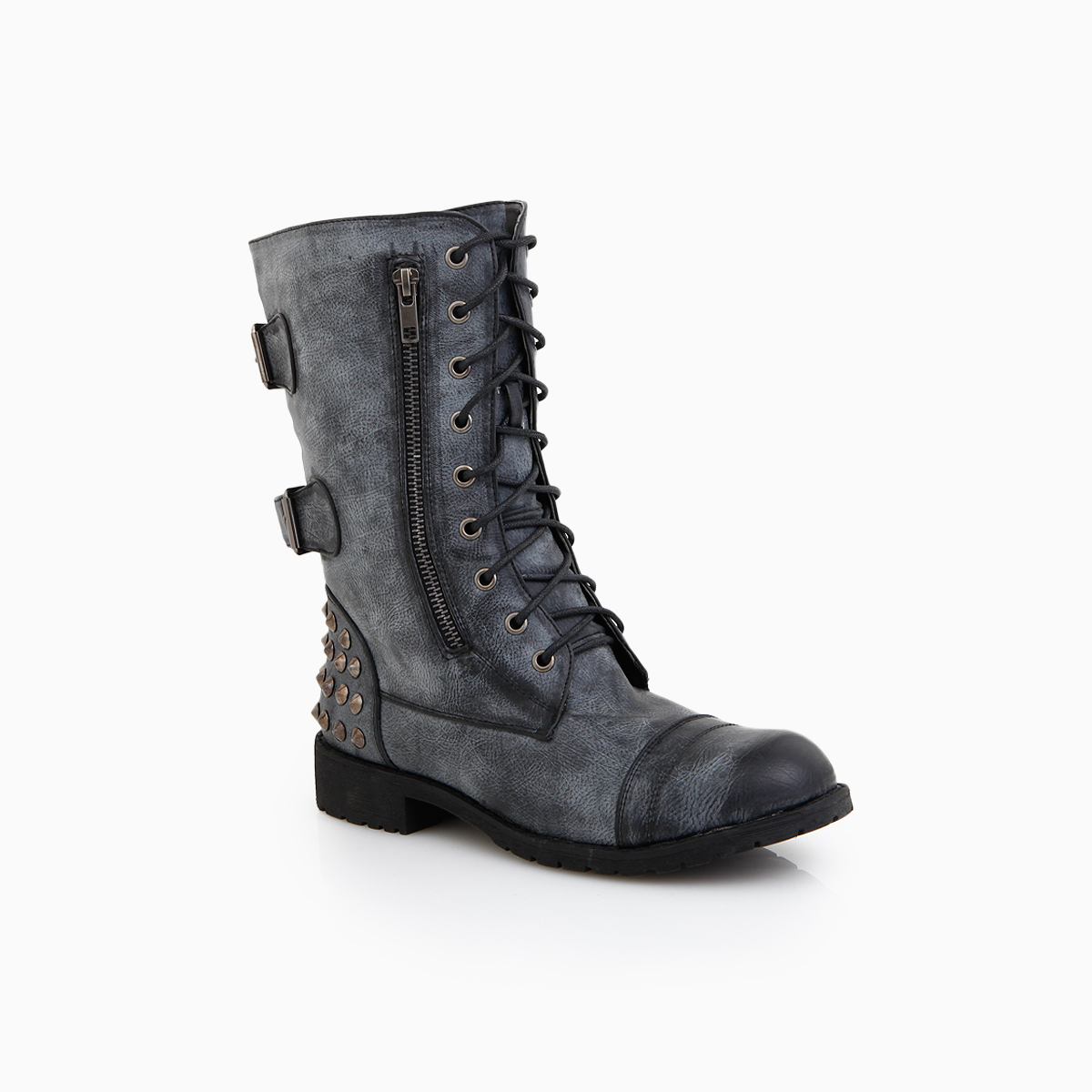 Stud and Zipper Embelished Combat Boots in Black | DAILYLOOK