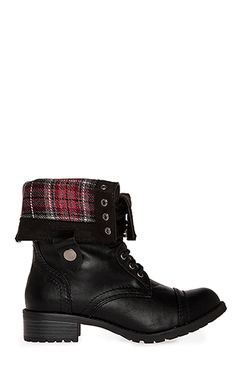 Plaid Fold Over Combat  Boots Slide 1