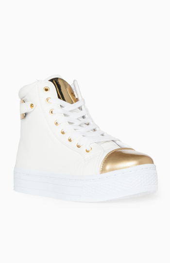 white and gold platform sneakers