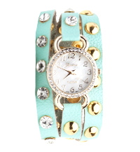 Crystal Stud Leather Wrap Watch Bracelet