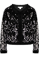 Collarless Tweed Trim Sequin Blazer in Black | DAILYLOOK