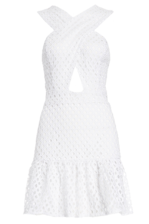 Line & Dot Crossover Neck Eyelet Lace Dress
