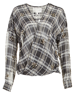 J.O.A. Embellished Sheer Plaid Blouse