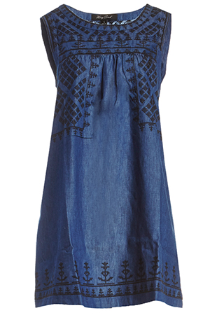 Sleeveless Embroidered Chambray Shift Dress