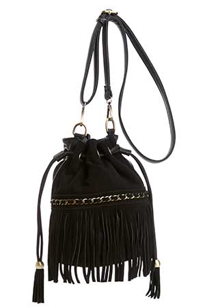 Sinatra Faux Suede Fringe Bucket Bag in Black | DAILYLOOK