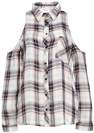 Cold Shoulder Plaid Button Up