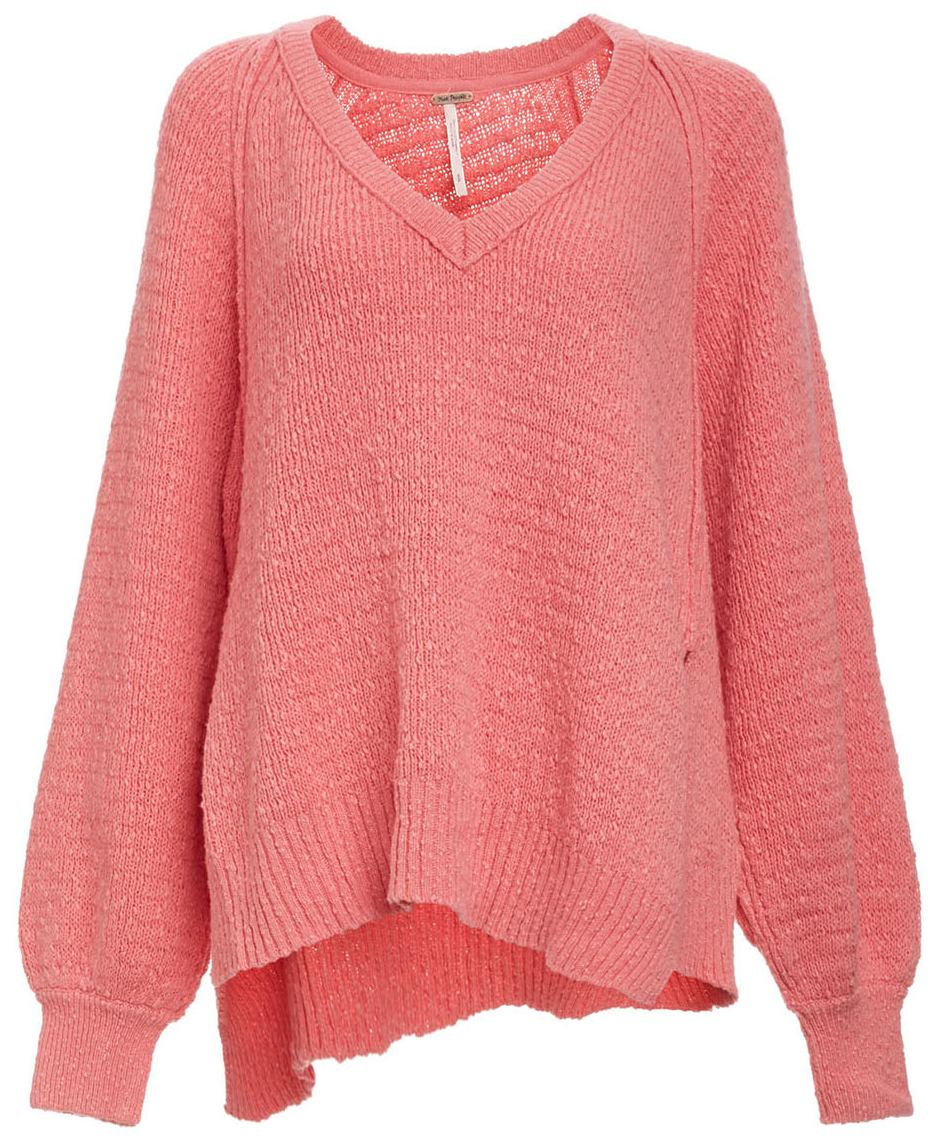 Free People Long Sleeve Asymmetric V-Neck Sweater in Pink | DAILYLOOK