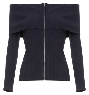 Long Sleeve Zip Front Off Shoulder Top