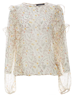 Sheer Printed Ruffle Detail Blouse