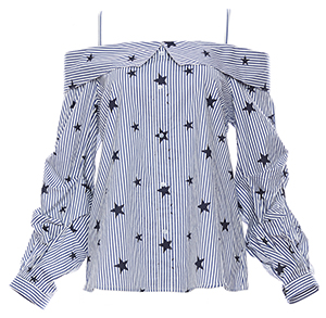 Starry Stripe Lapel Off Shoulder Long Sleeve Top