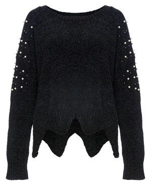 Asymmetrical Hem Sweater with Pearls