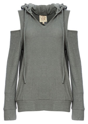 Chaser Love Knit Long Sleeve Open Shoulder V-Neck Hoodie