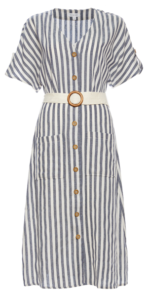 Short Sleeve Striped Button Up Dress in Ivory/Navy | DAILYLOOK