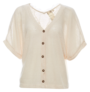 Buttoned Front Lace Insert Knit Top