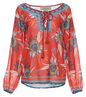 Lace Up Neck Long Sleeve Printed Top