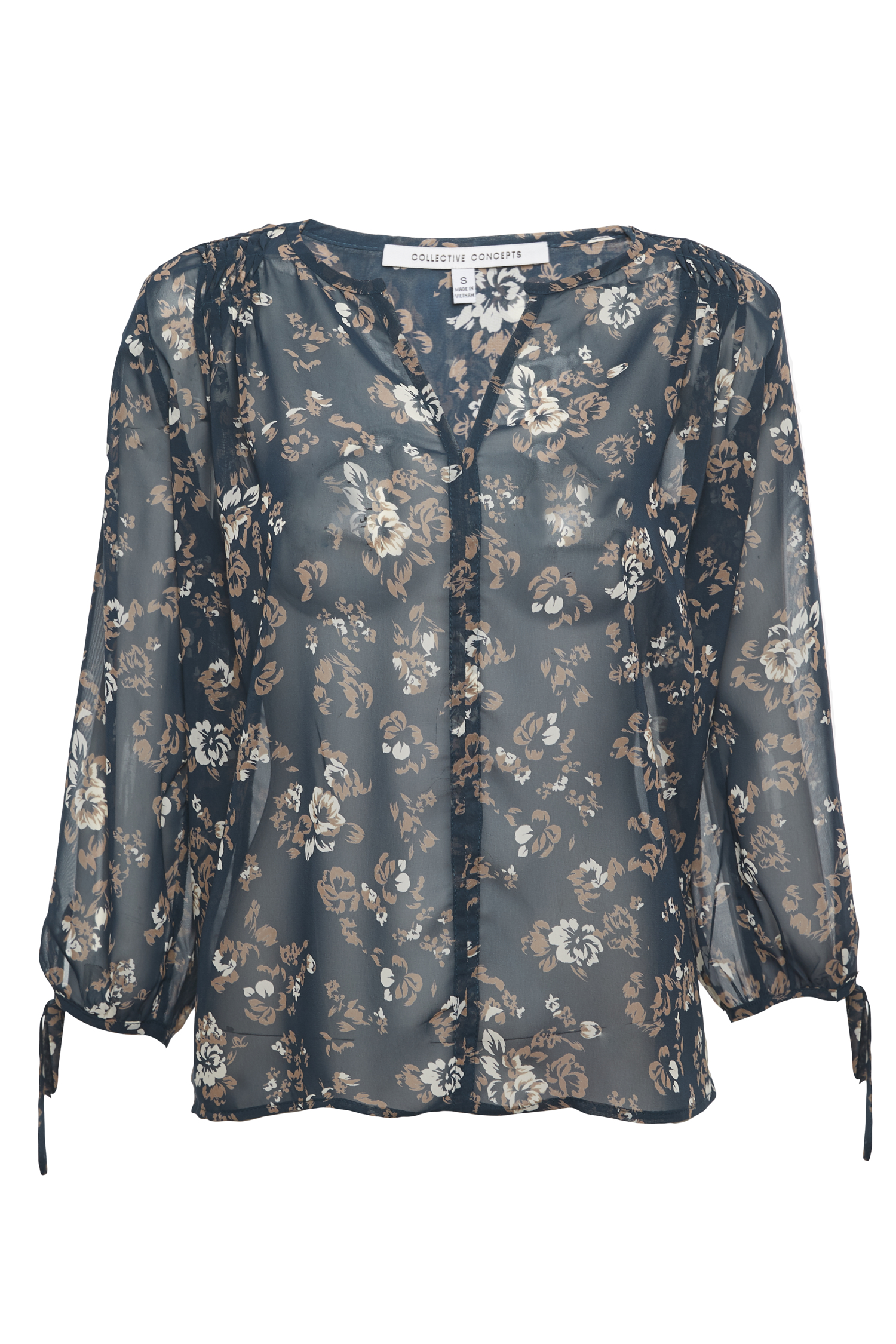 3/4 Sheer Sleeve Split Neck Blouse