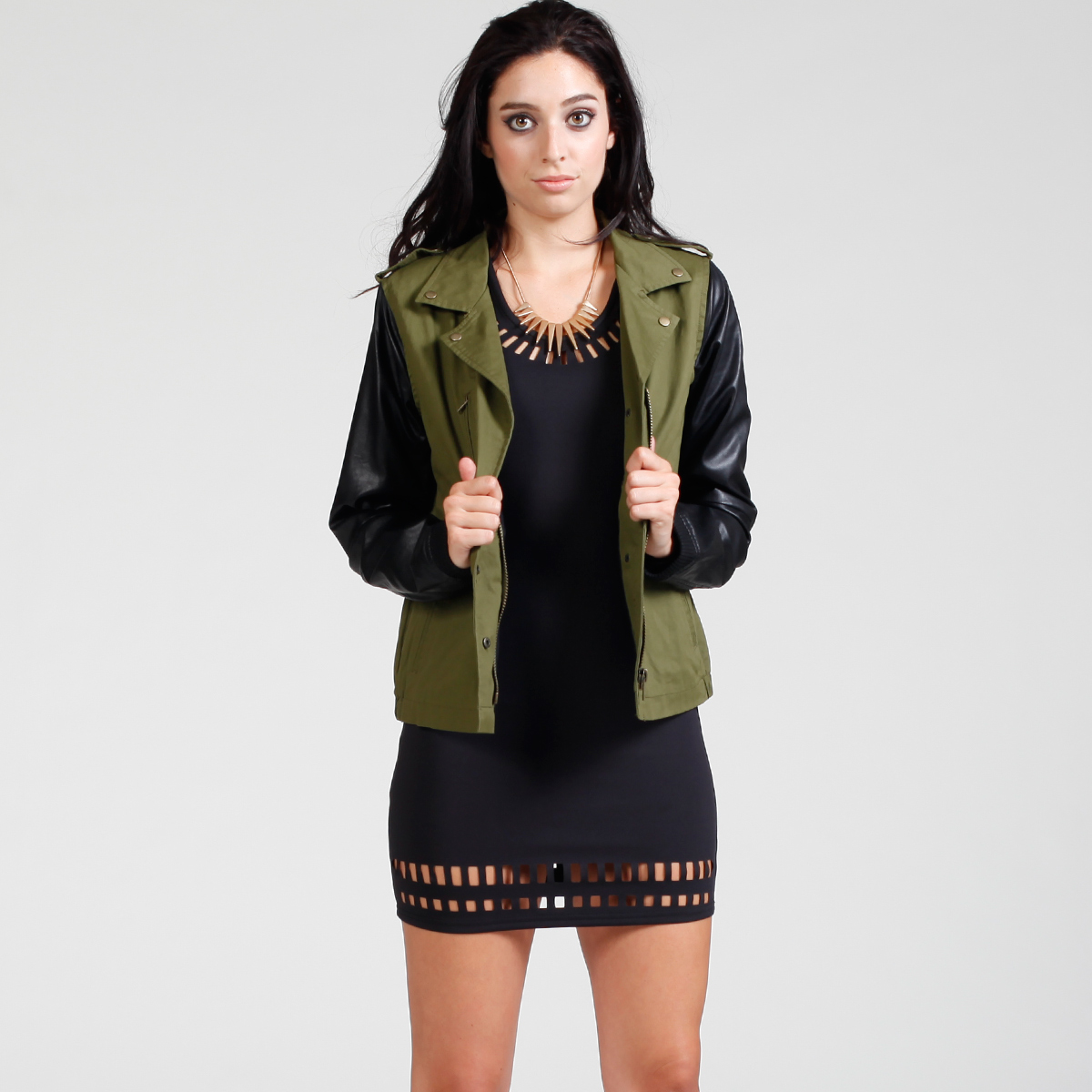 Faux Leather Sleeve Army Jacket in Olive | DAILYLOOK